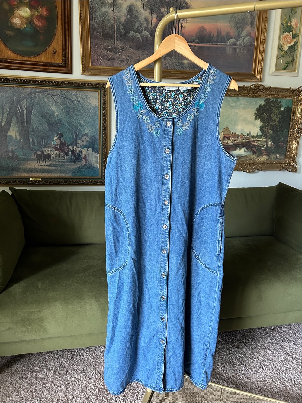Vintage Embroidered Denim Button-Front Dress